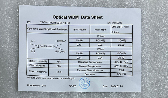 2×2 WDM óptico 1310/1550nm SMF28e Tubo de acero de conector FC/UPC de modelo único